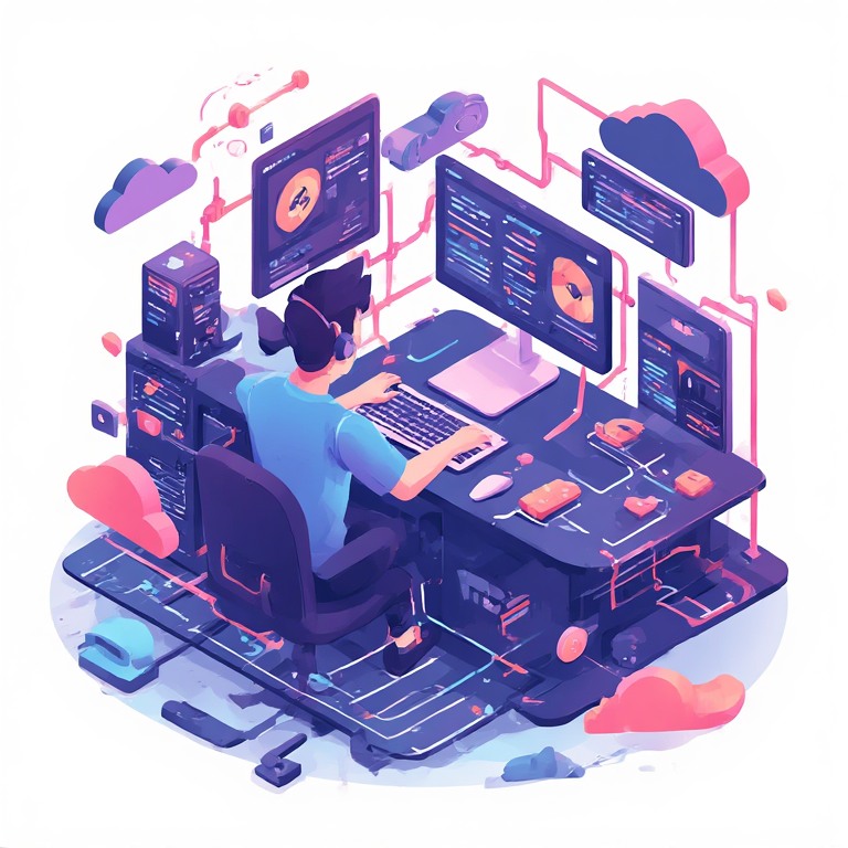 An illustrated developer building and connecting cloud platforms
